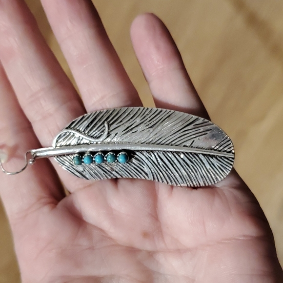 Silver tone feather earrings with faux turquoise stones pierced earrings - Picture 5 of 5